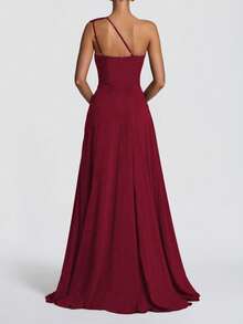 Elegant One-Shoulder Pleated Dress, Sexy Party Nightclub Wedding Style - Wine Red - View 2