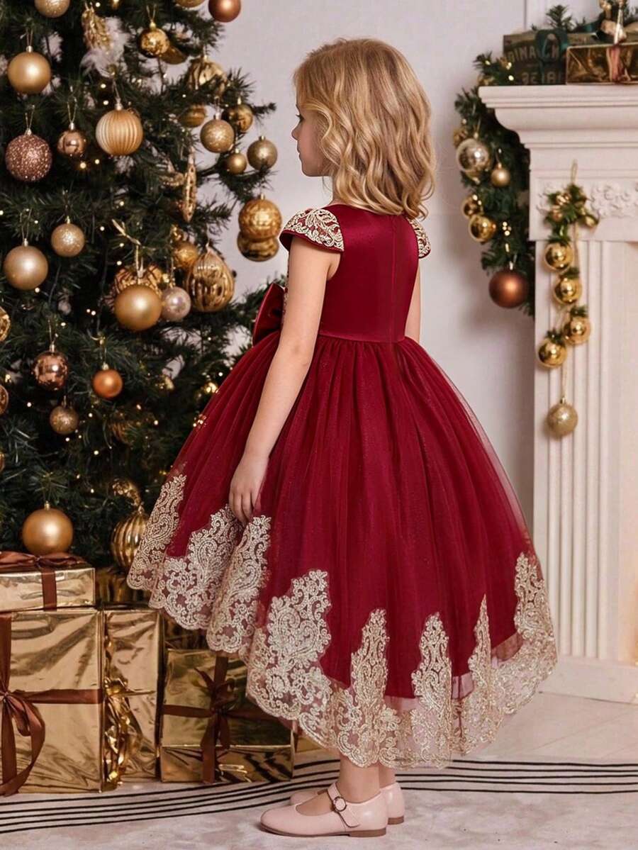 Young Girls Embroidered Mesh Luxurious Princess Flower Girl Train Dress Suitable For Attending Ball, Headband Not Included - Burgundy - View 1
