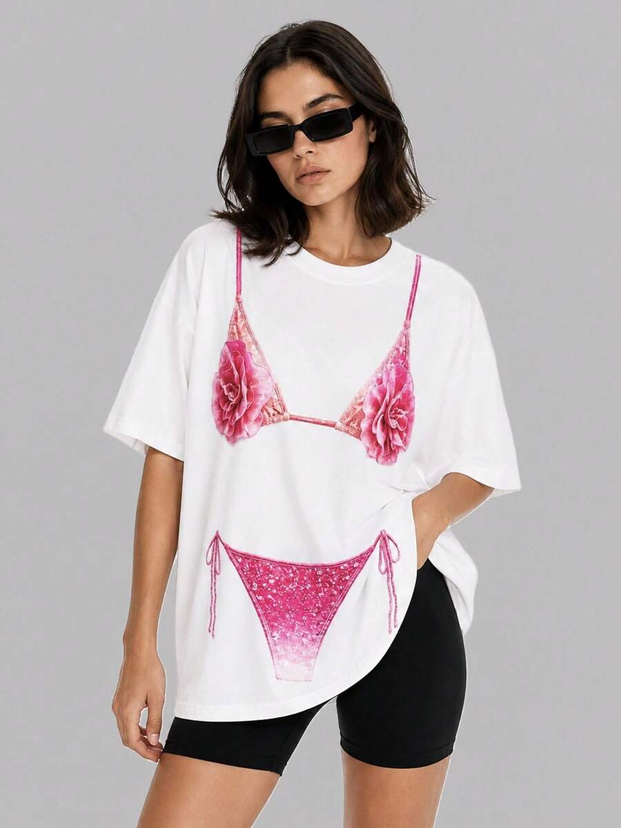 Zerodot Women Oversized Bikini Printed T-Shirt Casual Beach Daily Spring Fall - White - View 1