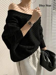 Women's Mohair Sweater Cold Shoulder Off Shoulder Asymmetrical Loose Slouchy Top - Black - View 8