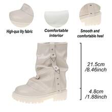 Y2K Ruched Stacked Mid-Calf Motorcycle Boots For Women, Rivet Triangle Buckle Strap Thick Platform Wedge Leg-Wrap Boots, Hot Girl Rider Boots - White - View 6
