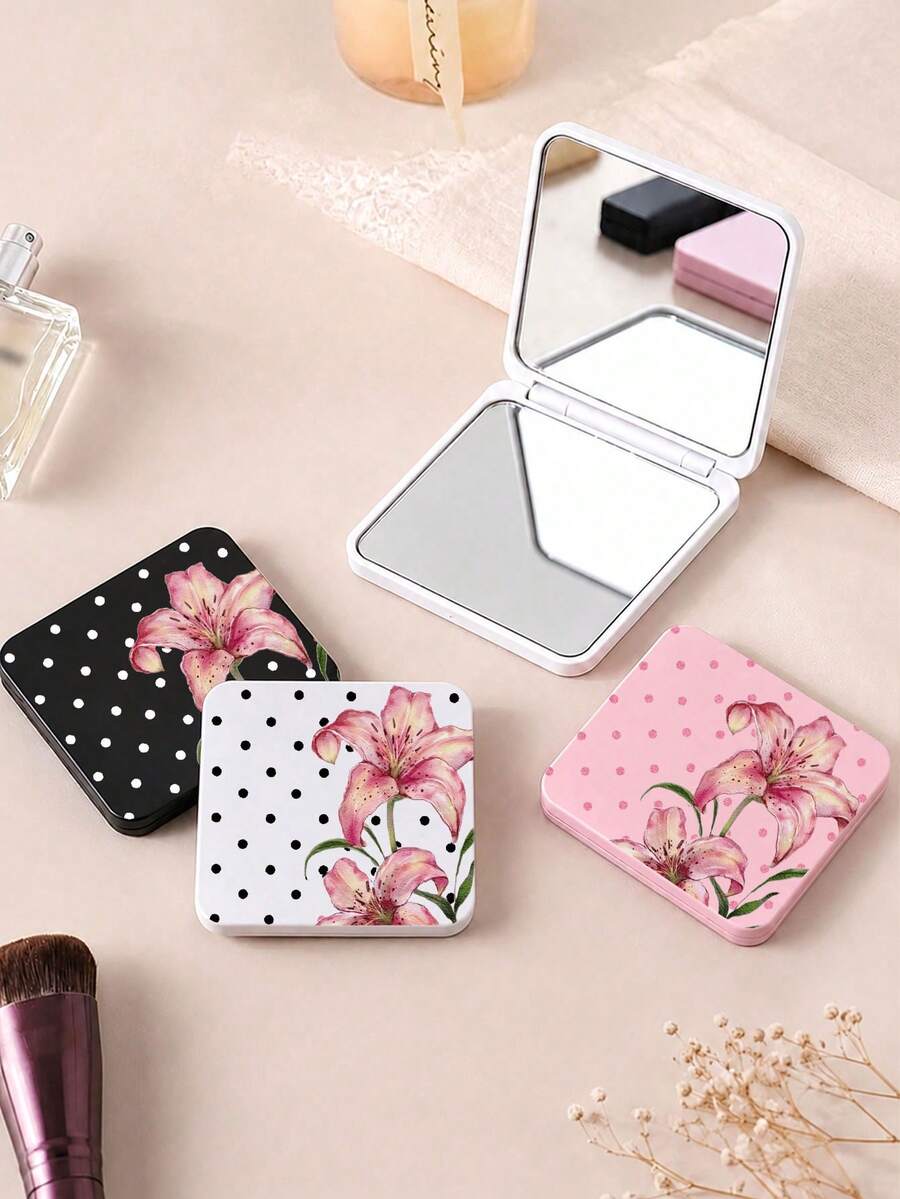 New Polka Dot Lily Pattern Portable Square Makeup Mirror Double-Sided Square Makeup Mirror Women Foldable Makeup Mirror Compact Minimalist Makeup Mirror Suitable For Wallet And Travel Mini Makeup Mirror, Print Density And Position Random - Multicolor - View 1