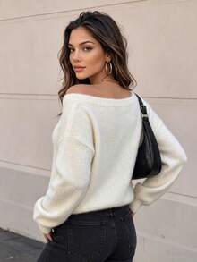 Da Jade Women's Autumn/Winter Elegant Plush Cold Shoulder Sweater, Dropped Shoulder Loose Soft Knit Long Sleeve Warm Pullover, Suitable For Daily Wear - White - View 4