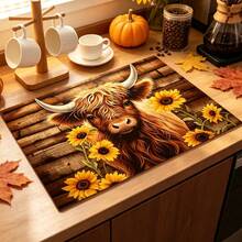 1pc Cute Highland Cow & Sunflower Print Dish Drying Mat, Coffee Machine Mat, Absorbent Quick-Drying, Countertop Protection, Suitable For Home Kitchen, Tea & Beverage Preparation, Autumn Harvest Festival, Daily Warm Dining Decor, Multi-Purpose Drying Mat, Home Gift, Tabletop Decoration - XYLSD-1085 - View 4