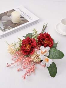 1 Bunch 43cm Artificial Flowers, Including Artificial Peony Ball Chrysanthemum And Eucalyptus Leaves, Realistic Touch, Suitable For Vase, Home, Hotel Room, Wedding Decoration And Table Centerpiece - Red - View 3