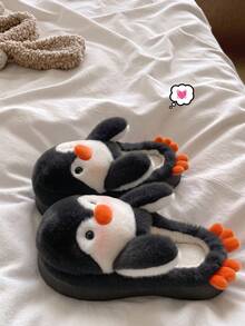 Penguin Cartoon Plush Hooded Slippers, Cute Thermal Lined, Unisex Soft Winter Outdoor Indoor Shoes - Black - View 6
