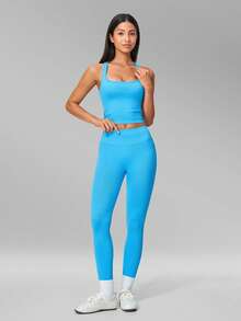 MFVIM Women's Seamless Yoga Set, Backless Tight-Fitting Versatile Yoga Outfit For Outdoor Running And Sports, Tank Top + Leggings 2-Piece Set - Aqua Blue - View 6