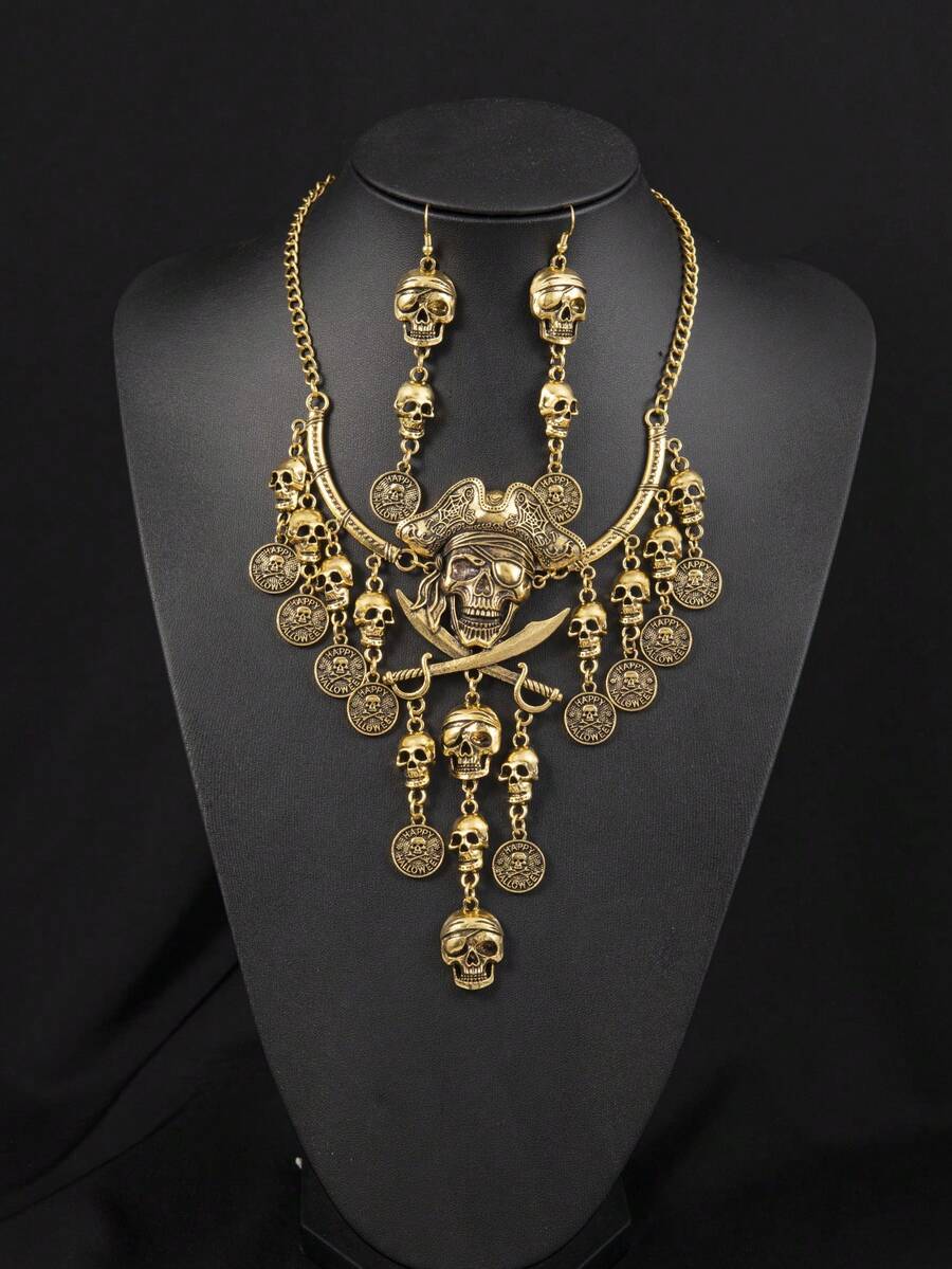 1 Set Halloween Party Jewelry Set, Skeleton Pirate Style Women's Necklace And Earrings Set - Multicolor - View 1