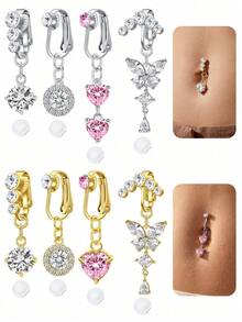 TOKRING Fake Belly Piercing Fake Belly Ring For Women Pink Heart Cubic Zirconia,Clip On Belly Button Rings Fake Navel Ring Non Piercing Jewelry - Multicolor - View 1