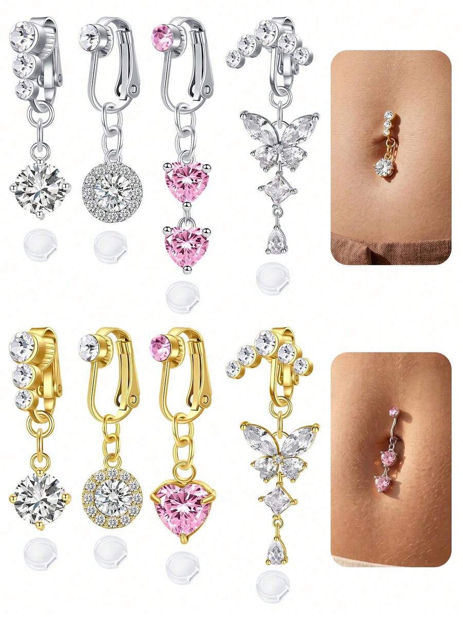 TOKRING Fake Belly Piercing Fake Belly Ring For Women Pink Heart Cubic Zirconia,Clip On Belly Button Rings Fake Navel Ring Non Piercing Jewelry - Multicolor - View 1