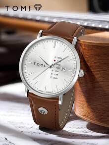 TOMI 1pc Boxed Men's Ultra-Thin Minimalist Quartz Watch With Date, PU Leather, Premium Niche Style, Suitable For Daily Wear, Holiday Gift, Year-End Christmas - Brown - View 5