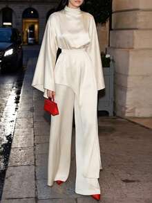Women's Elegant Commute Stand Collar Long Sleeve Asymmetrical Pullover Top + Loose Wide Leg Pants Long Two Pieces Set, Solid Color Satin Outfit With Zipper, Belt, Tie, Pockets, Asymmetrical Design, Suitable For Commute, Daily Wear, Dating - Apricot - View 6