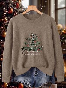 Christmas Tree & Sleigh Print Plus Size Women's Casual Fashion Warm Faux Cashmere Sweater (Autumn/Winter/Thanksgiving) - Earth Gray - View 3