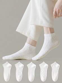 ZUJO 1 Pair/5 Pairs Women's Mesh Lace Trim Pure White Cable Knit Short Socks, Simple & Comfortable, Suitable For Spring, Autumn, Summer - White - View 2