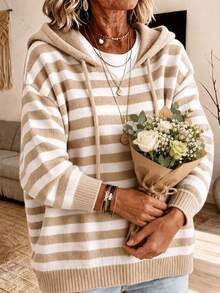 Women's Elegant Hooded Striped Long Sleeve Knit Sweatshirt, Soft And Warm - Apricot - View 5