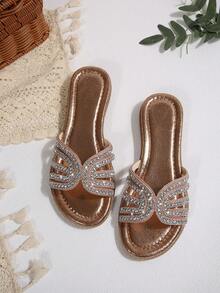 Champagne Rhinestone Multi-Strap Flat Slide Sandals For Women, Summer Outdoor Wear, Slip-On Slippers, Luxury Party Vacation Beach Slides - Champagne Gold - View 3