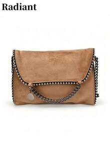 Women Envelope Crossbody Bag Solid Color Suede Fabric Rivet Trim Chain Strap Pendant Decor Medium Capacity Chic Style For Women Party Daily Use - Khaki - View 8
