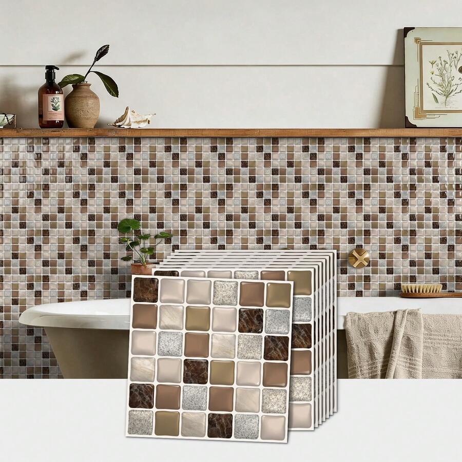 10PCS 3D Mosaic Removable Decorative Wall Tiles, Self-Adhesive Wall Tiles For Bathroom And Kitchen Backsplash Renovation And Decoration Sticker Set, PVC Small Square Decorative Vinyl Decals (15.25*15.25CM)