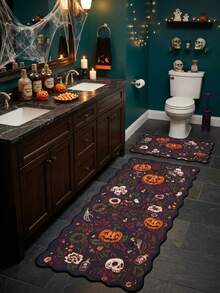 2pcs Halloween Pumpkin & Skull Pattern Kitchen Decor Rug Set, Washable Absorbent Kitchen Floor Mat, Kitchen Accessories Decorative Pad, Halloween Holiday Gift! - Pumpkin Skeleton - View 5
