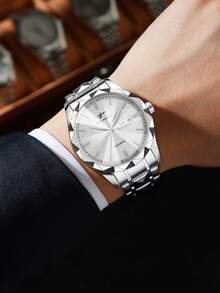RICECGO 1pc Men's Fashion Quartz Watch, Round Dial With Rhombus Stainless Steel Band, Dual Calendar Business Watch, Stylish & Minimalist, Suitable For Business Occasions And Daily Wear - Silver - View 6
