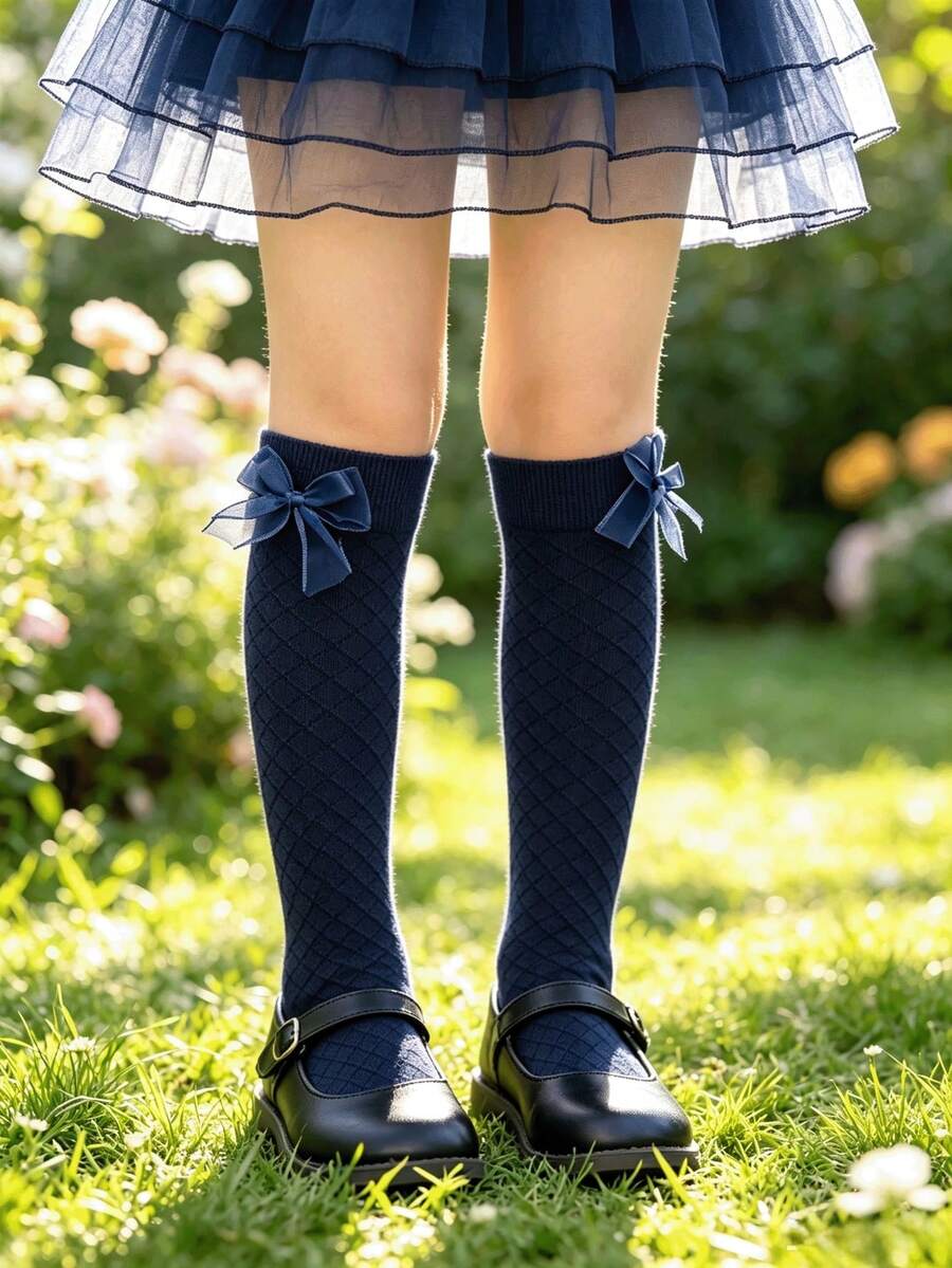 1 Pair Kids Diamond Pattern Knee High Socks, Solid Bow Calf Socks, Soft Breathable Princess Socks For Girls School Uniform & Party Dress Matching - Multicolor - View 1