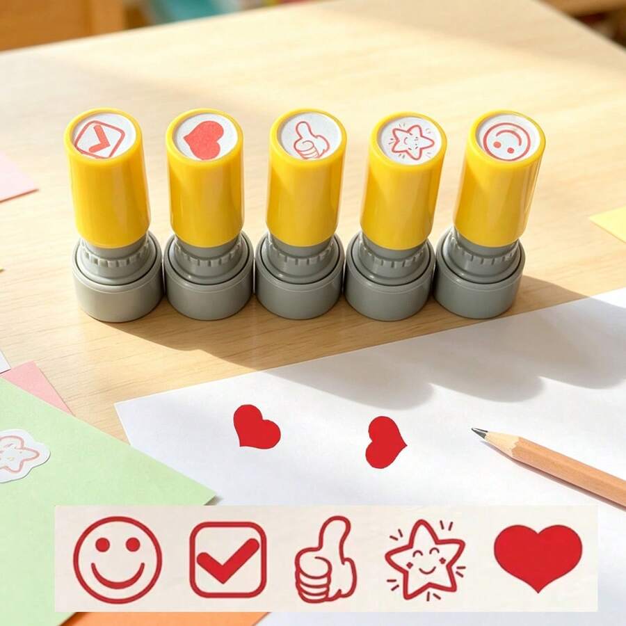 5pcs/Set Teacher Reward Stamps,Self‑Inking Motivational Stamps,Smile Heart Thumbs‑Up Star Check Mark Pattern,Encouragement Stamp For Teachers Students - Multicolor - View 1