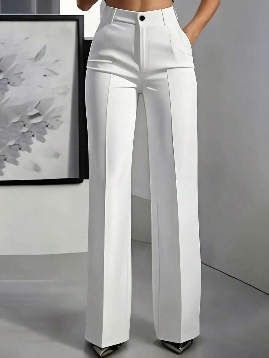 Pantalones rectos de unicolor versátiles y de moda, color blanco, para primavera - Blanco - Ver 1