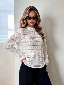 SUNSTORY Autumn White Frill Trim Semi-High Neck Hollow Lace Long Sleeve Top, Floral Jacquard Sheer Base Layer, Elegant Basic Style, Suitable For Commuting, Outings, Church, Daily Wear - White - View 2