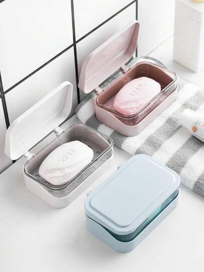 1pc Color-Matched Patchwork Double-Layer Flip-Top Soap Box, Minimalist Travel Soap Box With Lid, Creative Soap Tray With Drainage System Transparent Storage Box, Suitable For Bathroom And Travel, No Drilling Required (Box Included)