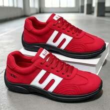 Men's Running Shoes Retro Style, White Contrast Color Striped Lace-Up Soft Sole Casual Sports Shoes - Red - View 3