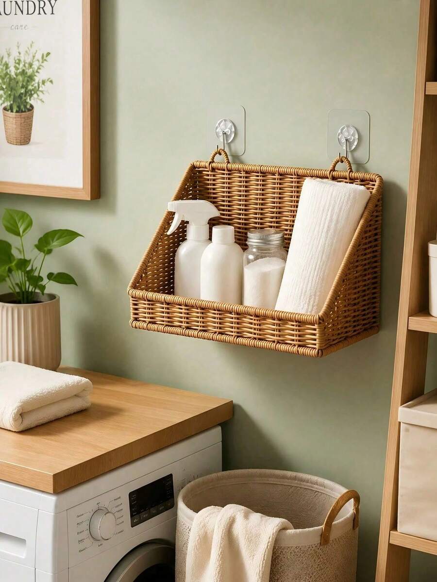 Bathroom Storage Rack Decorative Storage Shelf Woven Bamboo Hanging Storage Basket Bathroom Accessories Kitchen Storage Wall-Mounted Toiletries Storage Basket For Laundry Entryway Vanity Cabinet Natural Rustic Farmhouse Christmas Decor - Multicolor - View 1