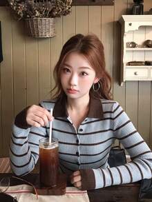 Women's Loose Vintage Contrast Color Striped Knit Cardigan Sweater, Button-Up Soft Cozy Outerwear Top, Autumn/Winter - Light Sky Blue - View 1