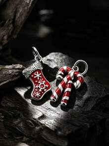 Colgante festivo de plata de ley 925 con esmalte colorido en forma de bastón de caramelo y calcetín navideño, recuerdo alegre de temporada, perfecto para pulsera de dijes DIY hecha a mano - Calcetín de Navidad - Ver 2