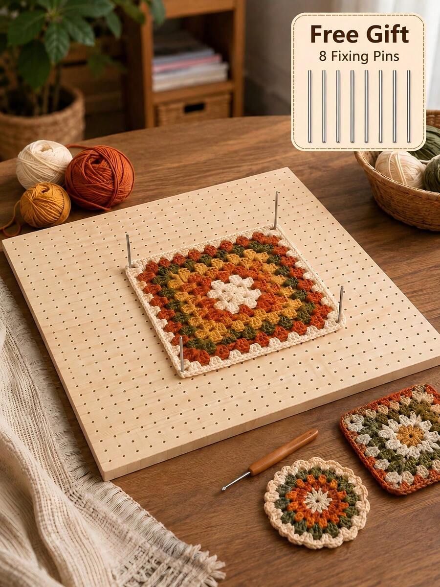 1 Set Wooden Crochet Blocking Board With 8 Freely Positionable Pins, Granny Square Blocking Board With Precise Grid Holes, Smooth Reusable Knitting Board, Suitable For Crochet Projects, DIY Crafts, Perfect For Beginners, Experienced Crafters And Gifts - Wood Color - View 1