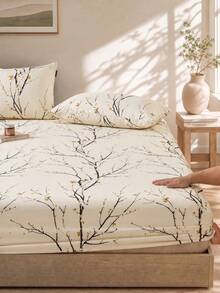 3pcs Beige Plum Blossom Pattern Fitted Sheet Set (Pillow Inserts Not Included), Bedroom Fitted Sheet Set, Brushed Microfiber Material, Breathable And Comfortable, Includes 1 Fitted Sheet And 2 Pillowcases (Pillow Inserts Not Included), Suitable For Back To School Dorm Use. - Beige - View 2