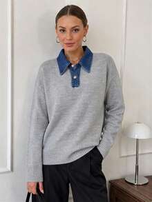 Wixra Denim Collar Patchwork Long Sleeve Knit Sweater, Button Polo Neck Drop Shoulder Loose Casual Knit Top For Fall - Grey - View 5
