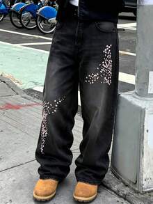 New Men's Black Wide Leg Loose Fit Denim Jeans With Floral Embroidery Street Style Casual Long Pants All Season - Black - View 1