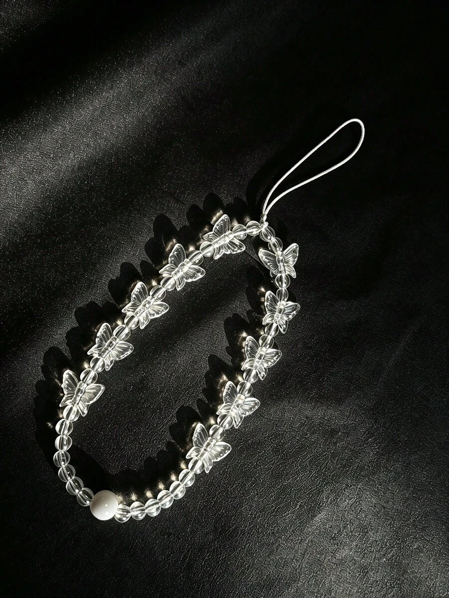 Aesthetic Clear Butterfly Beaded Phone Wrist Strap, Transparent Crystal Butterfly Bead Anti‑Lost Hand Lanyard Chain, Elegant Phone Case Bag Key Charm Accessory For Girls - Multicolor - View 1