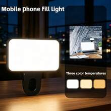 1pc Portable LED Fill Light, 3 Color Temperature Dimmable Selfie Video Light, Rechargeable Clip Lamp For Phone, Laptop, Tablet, Soft Non-Glare Supplement Light For Live Streaming, Video Calls, Makeup, Portrait & Product Photography - Black - View 3
