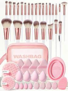 25/46Pcs Complete Cosmetic Tool Kit,25Pcs Soft Synthetic Makeup Brushes For Face & Eye Makeup, Assorted Soft Makeup Sponges & Multi‑Shape Powder Puffs, Brush Washing Bowl, Portable Cosmetic Carry Bag, Versatile Makeup Powder AndMakeup Application - Multicolor - View 1