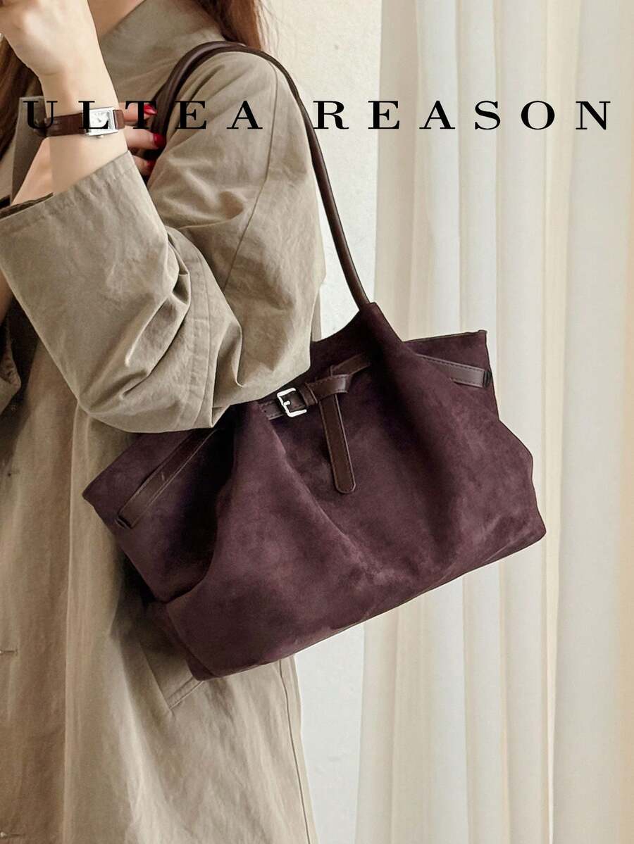 1pc Solid Color Suede Shoulder Bag, Women's Vintage Casual Tote Bag, Magnetic Closure, Top Dual Handles, Suitable For Daily Commute