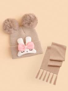 2pcs Baby Autumn/Winter Gift Set, Cute Squinting Rabbit Double Pom Pom Knitted Beanie & Matching Color Scarf Set, Suitable For Baby Girls Daily Wear And Warmth In Autumn/Winter - Multicolor - View 8