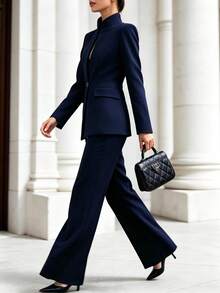 Women's Solid Color Single Button Long Sleeve Jacket And Pants Casual Commute Travel Suit Set - Navy Blue - View 5