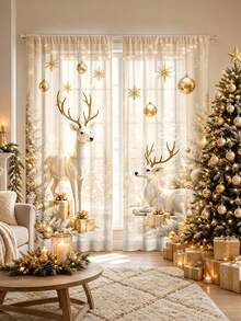 2Pcs Christmas Holiday Curtains, Champagne Gold Deer & Snow Landscape Print Pattern Curtains, Warm Atmosphere Semi-Sheer Rod Pocket Window Decor, Suitable For Living Room And Bedroom, Rod Not Included, Machine Washable - Multicolor - View 10