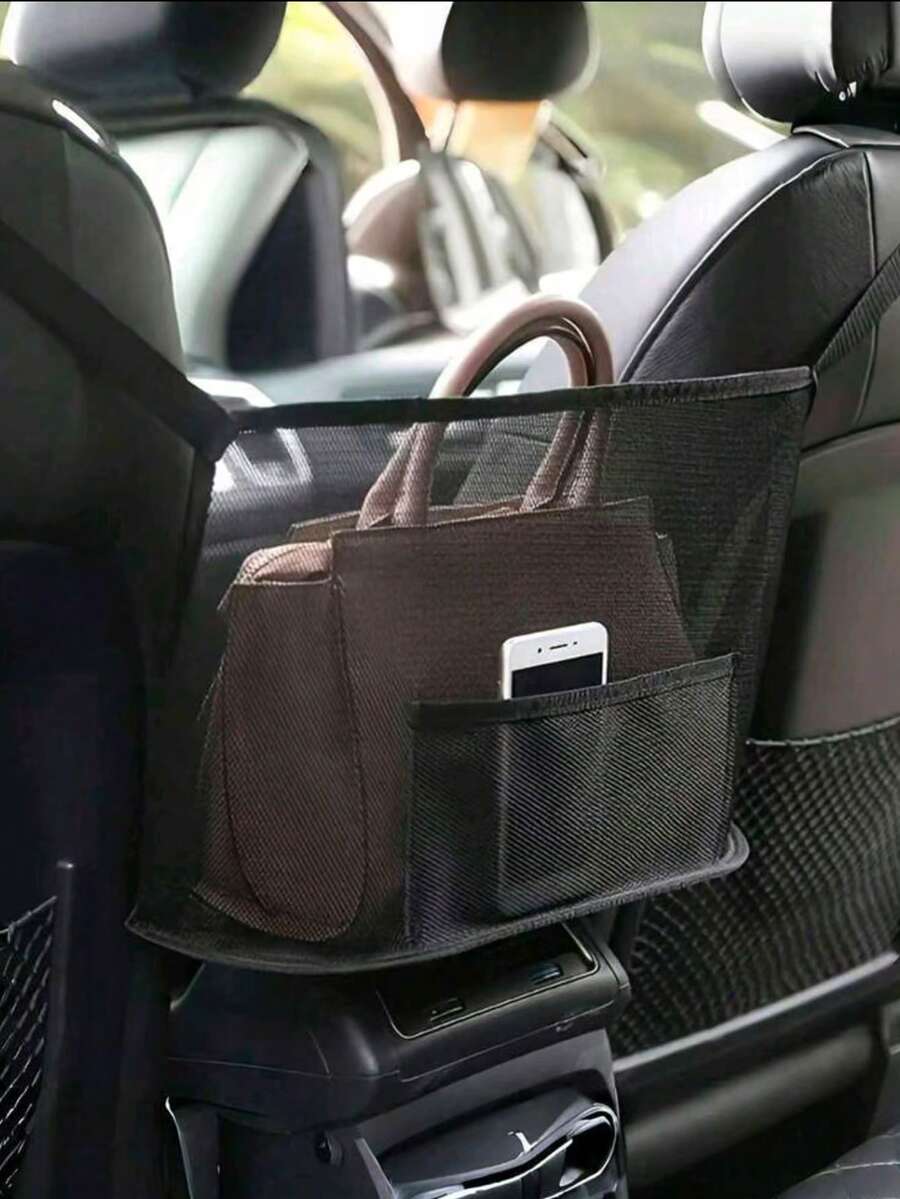 Extra Large Durable Canvas Car Storage Bag For Backseat Phones Documents Snacks, Multi-Compartment Space-Saving Organizer Net For Travel Essentials Chargers, Versatile Canvas Car Storage Rack For Women Back To School Dormitory Road Trips - Multicolor - View 1