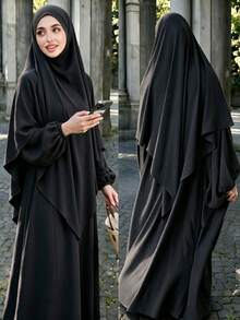 Modest Abaya Two‑Piece Set, Bubble Long Sleeve Maxi Dress With Matching Hijab, Casual Loose Muslim Women Outfit - Multicolor - View 23
