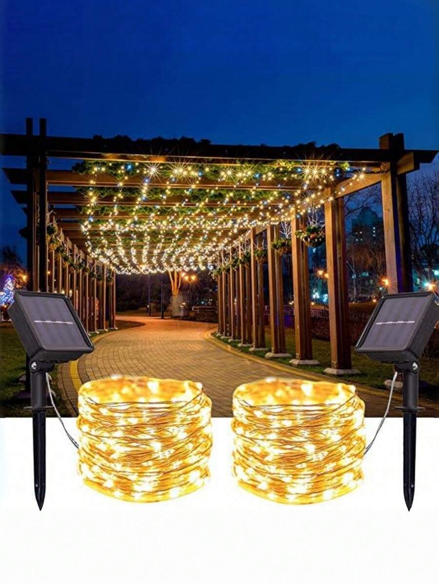 Outdoor LED Solar String Lights, Copper And Silver Wire, Solar Powered LED String Lights, Solar Christmas Decorative Lights For Garden, Camping, Wedding, Yard, Patio Decoration
