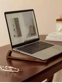 1pc Solid Wood Laptop Stand, Ergonomic Tilted Wooden Laptop Riser, Heat Dissipation Desktop Stand, Suitable For Home Office Workspace, Compatible With Multiple Laptop Models, Adjustable Height Desktop Accessory - Khaki - View 10