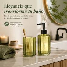 Glass Bathroom Accessory Set With Ribbed Design, Includes 350ml Soap Dispenser And Toothbrush Tumbler, Elegant 2-Piece Vanity Set - Green - View 2