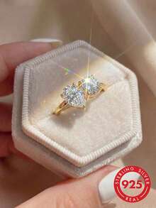 S925 Sterling Silver Moissanite Double Stone Ring For Women, Daily Commute Style, Engagement Proposal Ring, Anniversary Gift For Girlfriend - Multicolor - View 1